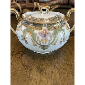 Antique Nippon Japan Handpainted Floral Sugar Bowl w/Lid  Lots Of Gold